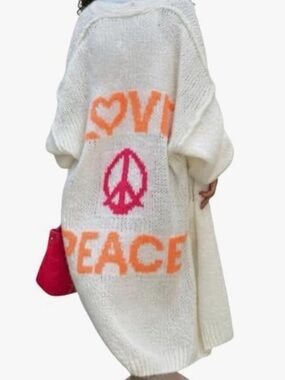 Women’s Cream Knit Long Cardigan Sweater with Love & Peace Motif